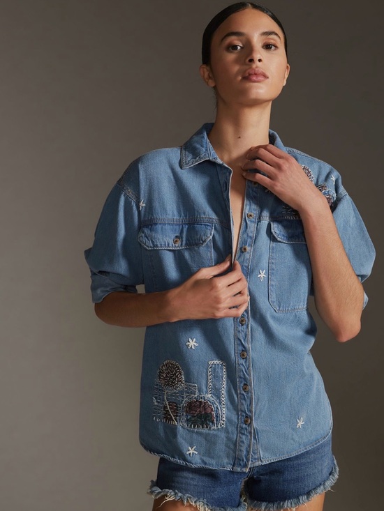 Pilcro Tops - Pilcro Blue Embroidered Denim Button-Front Shirt